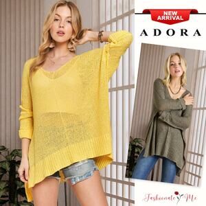 ADORA V-Neck Exposed Seam Long Sleeves High-Low Hem Pullover Sweater | Yellow